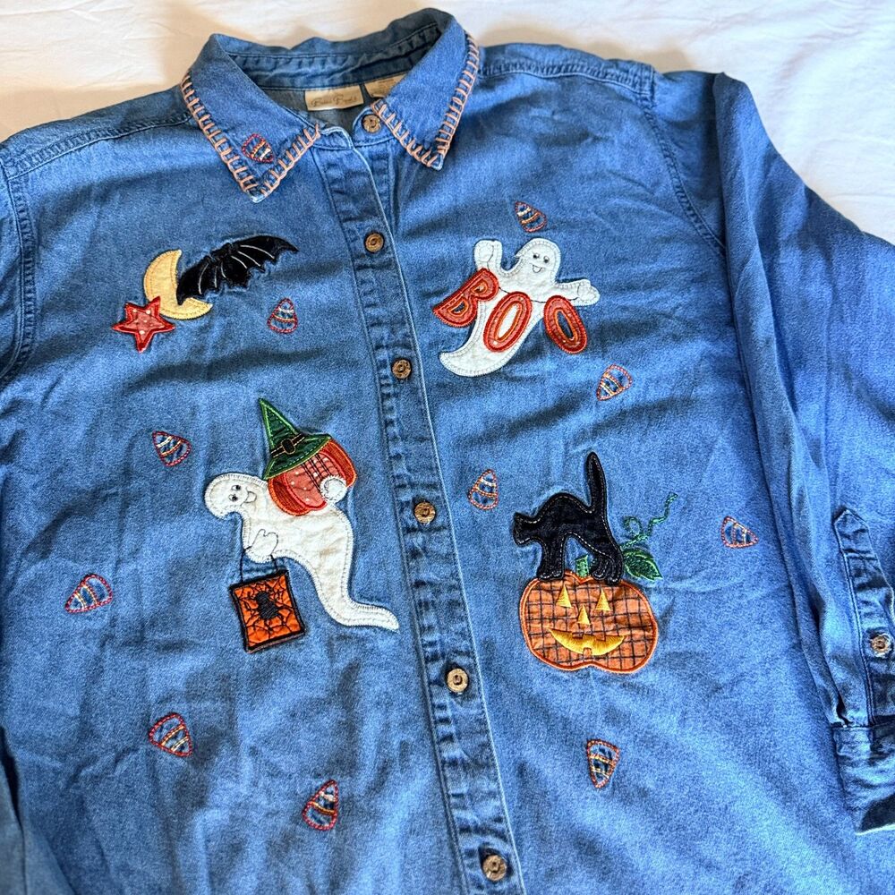Bobbie Brooks Womens 18W 20W Vintage Halloween Embroidered Denim Shirt Ghost Cat